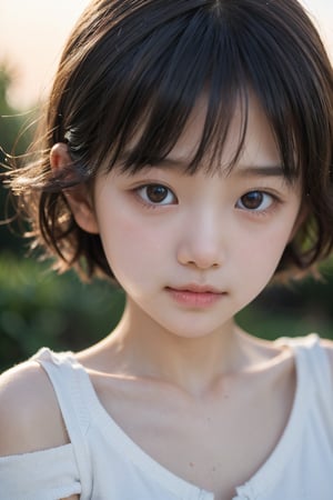 主：(Misty woods under sunset),(((Focus on close-up photos of faces))),
人：1litte 1kid 7yo gril (Child:1.2), 
優：(Stable Diffusion 1.5),
髮：(((short hair))),(((bangs))),(((Well-defined hair strands:1.4))),
服：(Off-the-shoulder),(deep V neckline),