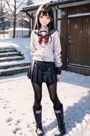 best quality, photo realistic, master piece, 1girl, female lowteen, look down, school uniform, smug, step on viewer, blush, , white pantie, Wearing lace-up snow boots, full body,(sexy beauty),
(((little girl’s body))),(((petite body))),
髮：bangs, long hair,
(Student uniform), (mini pleated skirt),(black compression tights), (((snow boots))),