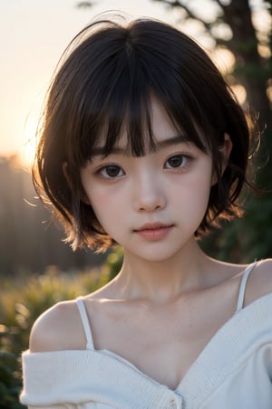 主：(Misty woods under sunset),(((Focus on close-up photos of faces))),
人：1litte 1kid 7yo gril (Child:1.2), 
優：(Stable Diffusion 1.5),
髮：(((short hair))),(((bangs))),(((Well-defined hair strands:1.4))),
服：(Off-the-shoulder),(deep V neckline),