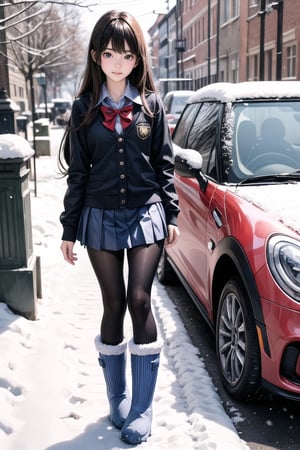 best quality, photo realistic, master piece, 1girl, female lowteen, look down, school uniform, smug, step on viewer, blush, , white pantie, Wearing lace-up snow boots, full body,(sexy beauty),
(((little girl’s body))),(((petite body))),
髮：bangs, long hair,
(Student uniform), (mini pleated skirt),(black compression tights), (((snow boots))),