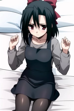 Highly detailed, High Quality, masterpiece, beautiful,
BREAK 1girl, solo, (young woman), (16 old), setsuna kiyoura, black hair, (red eyes), hair bow, red bow, (tears), (look of disappointment:1.5),
BREAK (background of a double bed, white sheets, pillows),
BREAK  (tiny breasts), pinafore dress, (black plain pinafore, grey t-shirt, grey long sleeves:1.8),
BREAK looking_at_viewer, (focus waist), (full_body), (lying_in bed:1.5), schooldays, 
