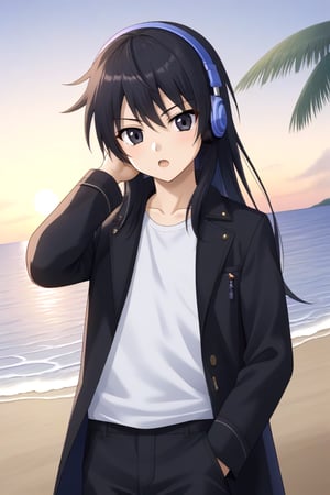 HD, 8k, highres, mantialiasing, Highly detailed, High Quality, masterpiece, beautiful, source_anime, 
BREAK 1boy, solo, (young man, male focus, 16 years old), Yae Karonji, ((long hair)), male chest, black eyes, black hair, 
BREAK beach, palm trees, sea, outdoors, sunset, 
BREAK long sleeves, coat, white shirt, pants, black coat, headphones, black pants, 
BREAK standing, dutch angle, looking_at_viewer, serious, Open mouth, one arm on the waist, cowboy shot, Upper body,