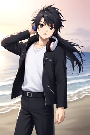 HD, 8k, highres, mantialiasing, Highly detailed, High Quality, masterpiece, beautiful, source_anime, 
BREAK 1boy, solo, (young man, male focus, 16 years old), (Yae Karonji:1.5), long hair, male chest, black eyes, black hair, long hair, shirt, black hair, 
BREAK beach, palm trees, sea, outdoors, sunset, 
BREAK long sleeves, jacket, full body, white shirt,  pants, hood, black jacket, headphones, black pants, 
BREAK standing, dutch angle, looking_at_viewer, serious, Open mouth, one arm on the waist, cowboy shot, Upper body 