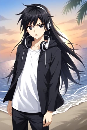 HD, 8k, highres, mantialiasing, Highly detailed, High Quality, masterpiece, beautiful, source_anime, 
BREAK 1boy, solo, (young man, male focus, 16 years old), (Yae Karonji:1.5), long hair, male chest, black eyes, black hair, long hair, shirt, black hair, 
BREAK beach, palm trees, sea, outdoors, sunset, 
BREAK long sleeves, jacket, full body, white shirt, pants, hood, black jacket, headphones, black pants, 
BREAK standing, dutch angle, looking_at_viewer, serious, Open mouth, one arm on the waist, cowboy shot, Upper body 