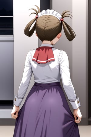 HD, 8k, highres, mantialiasing, Highly detailed, High Quality, masterpiece, beautiful, source_anime, 
BREAK ((inside of a pastry shop, dark environment)), 
BREAK 1girl, solo focus, young woman, 16 years old, Hikari Kuroda, bangs, brown hair, hair ornament, twintails, green eyes, hair bobbles, hair rings,, sleepy, nose blush, Open mouth,
BREAK Uniform Sweet Ohara, ((white dress)), long sleeves, red ascot, ((long skirt, purple skirt)), (wrist_cuff), maid headdress,
BREAK looking_back, Focus adobe, from_behind, on back, solo focus, standing,