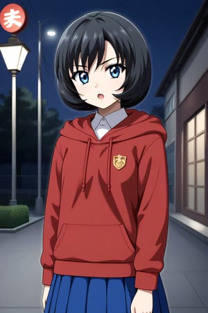 HD, 8k, highres, mantialiasing, Highly detailed, High Quality, masterpiece, beautiful, source_anime, 
BREAK 1girl, solo, (young woman, 16 years old), Uzuki Li, short hair, blue eyes, serious look, Open mouth,
BREAK school, night, dark environment, 
BREAK hoodie, skirt, red hoodie, long skirt, blue skirt
BREAK looking at viewer,  focus face, side_view,