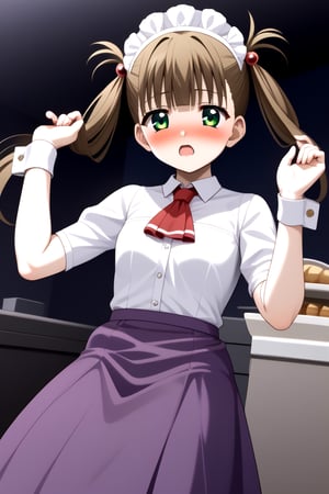 HD, 8k, highres, mantialiasing, Highly detailed, High Quality, masterpiece, beautiful, source_anime, 
BREAK ((inside of a pastry shop, dark environment)), 
BREAK 1girl, solo focus, young woman, 16 years old, Hikari Kuroda, bangs, brown hair, hair ornament, twintails, green eyes, hair bobbles, hair rings,, sleepy, nose blush, Open mouth,
BREAK Uniform Sweet Ohara, ((white dress)), long sleeves, red ascot, ((long skirt, purple skirt)), (wrist_cuff), maid headdress,
BREAK looking_back, Focus below, from_behind, on back, standing