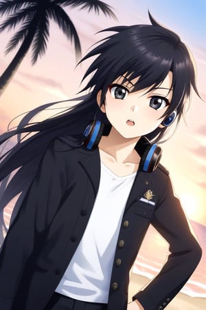 HD, 8k, highres, mantialiasing, Highly detailed, High Quality, masterpiece, beautiful, source_anime, 
BREAK 1boy, solo, (young man, male focus, 16 years old), ((long hair)), male chest, black eyes, black hair, 
BREAK beach, palm trees, sea, outdoors, sunset, 
BREAK long sleeves, coat, white shirt, pants, black coat, headphones, black pants, 
BREAK standing, dutch angle, looking_at_viewer, serious, Open mouth, one arm on the waist, cowboy shot, Upper body,Yae Karonji