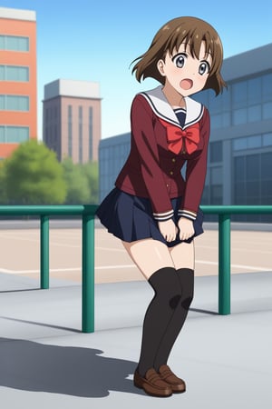 Highly detailed, High Quality, masterpiece, beautiful, 
BREAK 1girl, (young woman, 16 years old), minami obuchi, short hair, brown_hair, bangs, (grey eyes, Surprise face), (medium breasts), 
BREAK (school roof background, railing, sky, city), 
BREAK waist-length skirt, thighhighs, school uniform, shoes, black thighhighs, zettai ryouiki, 
BREAK breast grab, (boy grabbing the girl's breasts from behind:1.5) side view, grabbing another's breast, upper_body