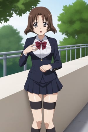 Highly detailed, High Quality, masterpiece, beautiful, 
BREAK 1girl, (young woman, 16 years old), minami obuchi, short hair, brown_hair, bangs, (grey eyes, Surprise face), (medium breasts), 
BREAK 1boy, suit,
BREAK school roof, railing, 
BREAK waist-length skirt, thighhighs, school uniform, shoes, black thighhighs, zettai ryouiki, 
BREAK breast grab, (boy in suit grabbing minami obuchi breasts from behind, grabbing another's breast:1.5), from Front, ((upper_body)), 