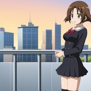 Highly detailed, High Quality, masterpiece, beautiful, 
BREAK 1girl, (solo_female), (young woman, 16 years old), minami obuchi, short hair, brown_hair, bangs, (grey eyes, Surprise face), (medium breasts), 
BREAK (school roof background, railing, sky, city), 
BREAK waist-length skirt, thighhighs, school uniform, shoes, black thighhighs, zettai ryouiki, 
BREAK (1boy, breast grab, breast grabbing from behind, breast grabbing by man), upper_body, side view, grabbing another's breast,