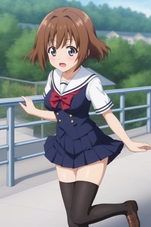 Highly detailed, High Quality, masterpiece, beautiful, 
BREAK 1girl, (young woman, 16 years old), minami obuchi, short hair, brown_hair, bangs, (grey eyes, Surprise face), (medium breasts), 
BREAK school roof, railing, 
BREAK waist-length skirt, thighhighs, school uniform, shoes, black thighhighs, zettai ryouiki, 
BREAK breast grab, (boy in suit grabbing minami obuchi breasts from behind), grabbing another's breast, from Front, ((upper_body)).