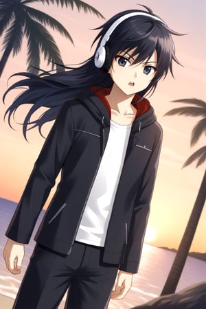 HD, 8k, highres, mantialiasing, Highly detailed, High Quality, masterpiece, beautiful, source_anime, 
BREAK 1boy, solo, (young man, male focus, 16 years old), (Yae Karonji:1.5), long hair, male chest, black eyes, black hair, long hair, shirt, black hair, 
BREAK beach, palm trees, sea, outdoors, sunset, 
BREAK long sleeves, jacket, full body, white shirt,  pants, hood, black jacket, headphones, black pants, 
BREAK standing, dutch angle, looking_at_viewer, serious, Open mouth, one arm on the waist, cowboy shot, Upper body 