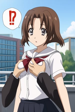 Highly detailed, High Quality, masterpiece, beautiful, 
BREAK 1girl, (solo_female), (young woman, 16 years old), minami obuchi, short hair, brown_hair, bangs, (grey eyes, Surprise face), (medium breasts), 
BREAK (school roof background, railing, sky, city), 
BREAK waist-length skirt, thighhighs, school uniform, shoes, black thighhighs, zettai ryouiki, 
BREAK (1boy, breast grab, breast grabbing from behind, breast grabbing by man:1.5), upper_body, side view, grabbing another's breast,