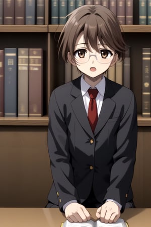 HD, 8k, highres, mantialiasing, Highly detailed, High Quality, masterpiece, beautiful, source_anime, 
BREAK 1boy, solo, male focus, 16 years old, yuuki ashikaga, brown hair, brown eyes, short hair, glasses, Open mouth,
BREAK inside a library, books, bookshelves, computer screen,
BREAK school uniform, shirt, pants, black jacket, red tie
BREAK looking_at_viewer, front view, sitting at the chair, girl sitting on a chair in front of a computer, hands_up,