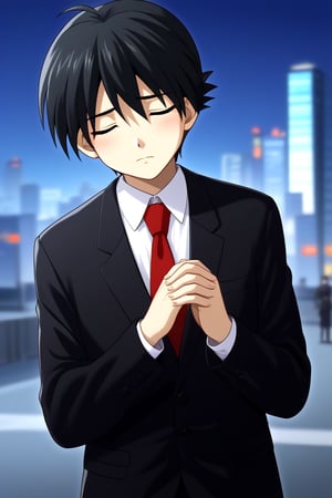 HD, 8k, highres, mantialiasing, Highly detailed, High Quality, masterpiece, beautiful, source_anime, 
BREAK 1boy, solo, young man, 16 years old, itou makoto, black hair, closed eyes, short hair, :o, sad face,
BREAK school uniform, shirt, pants, black jacket, red tie, black pants, 
BREAK ((outside on the street in a night city:1.5)) ,
BREAK Front view, standing, Upper body, head down, hands together asking for forgiveness,