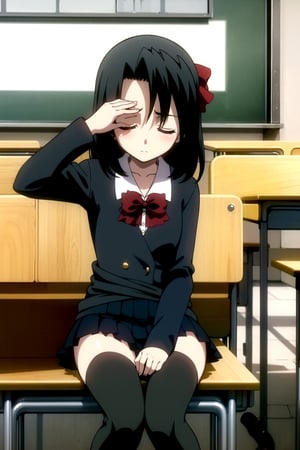 Highly detailed, High Quality, Masterpiece, beautiful,
BREAK 1girl, solo, (young woman), (16 old), setsuna kiyoura, black hair, (closed eyes:1.5), hair bow, red bow, short hair,
BREAK skirt, thighhighs, school uniform, shoes, black thighhighs, zettai ryouiki, bow, red bow, black long sleeve vest,
BREAK (indoors, classroom:1.5),
BREAK looking_at_viewer, (lying, focus waist:1.5),