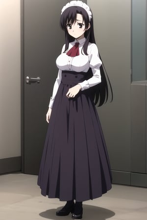  Highly detailed, High Quality, masterpiece, beautiful,
BREAK 1girl, solo, (young woman), (16 old), kotonoha katsura, (black eyes:1.4), black hair, long hair, bangs, breasts, large breasts,
BREAK Uniform Sweet Ohara, skirt, long sleeves, dress, standing, puffy sleeves, red ascot, long skirt, (purple skirt:1.2), white dress, wrist_cuff, maid headdress, waist-length skirt,
BREAK looking_at_viewer, front view, standing, full_body,
 