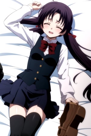 Highly detailed, High Quality, Masterpiece, beautiful,
BREAK 1girl, solo, (young woman), (16 old), roka kitsuregawa, short hair, (closed eyes:1.5), twintails, purple hair, 
BREAK skirt, thighhighs, school uniform, shoes, black thighhighs, zettai ryouiki, bow, red bow, sleeveless vest, white shirt with long sleeves,
BREAK (bed),
BREAK looking_at_viewer, (lying in bed), (focus waist), 