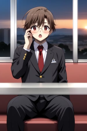 HD, 8k, highres, mantialiasing, Highly detailed, High Quality, masterpiece, beautiful, 
BREAK 1boy, solo, male focus, yuuki ashikaga, brown hair, Brown eyes, ((short hair)), Open mouth, 
BREAK school uniform, shirt, pants, black jacket, red tie, black pants, long pants, glasses,
BREAK interior of a subway, sunset, glass, 
BREAK solo focus, front view, focus face, sitting, looking at the viewer, surprised face, blushing, boy adjusting his own glasses,