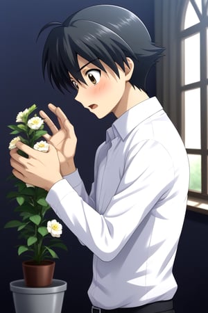 HD, 8k, highres, mantialiasing, Highly detailed, High Quality, masterpiece, beautiful, source_anime, 
BREAK 1boy, solo, young man, 16 years old, itou makoto, black hair, Brown eyes, short hair, :o, surprise face, Open mouth, blushing,
BREAK white shirt, pants, black pants, 
BREAK inside a living room, flower pots, windows, ((dark environment)),
BREAK side view, standing, Upper body, head down, hands up, 