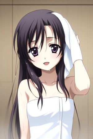 HD, 8k, highres, mantialiasing, Highly detailed, High Quality, masterpiece, beautiful, source_anime, 
BREAK inside a room, Windows, glass, day, 
BREAK 1girl, solo, young woman, 16 years old, kotonoha katsura, purple eyes, black hair, long hair, ((towel, girl covered by towel)), (wet hair, wet body:1.5),
BREAK looking at the viewer, on back, From behind, standing, Open mouth, happy, holding_cellphone,talking on phone 