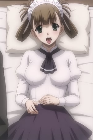 Highly detailed, High Quality, masterpiece, beautiful,
BREAK 1girl, solo, (young woman), (16 old), hikari kuroda, bangs, (brown hair), hair ornament, twintails, (green eyes), hair bobbles, hair rings, medium breasts, 
BREAK bed,
BREAK Uniform Sweet Ohara, skirt, long sleeves, dress, standing, puffy sleeves, (red ascot), long skirt, (purple skirt:1.5), white dress, wrist_cuff, maid headdress,
BREAK missionary, 1boy, penis, (lying in bed), vaginal, pov, spread legs, sex, nsfw, open_mouth, tongue-out, hands_raised