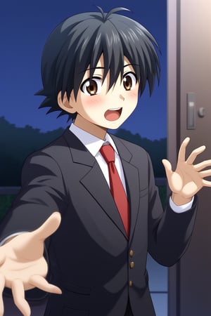 HD, 8k, highres, mantialiasing, Highly detailed, High Quality, masterpiece, beautiful, source_anime, 
BREAK 1boy, solo, young man, 16 years old, itou makoto, black hair, Brown eyes, short hair, :o, surprise face, Open mouth, blushing,
BREAK school uniform, shirt, pants, black jacket, red tie, black pants, 
BREAK inside an apartment, ((night)), door,
BREAK side view, standing, Upper body, head down, hands up, reaching towards viewer