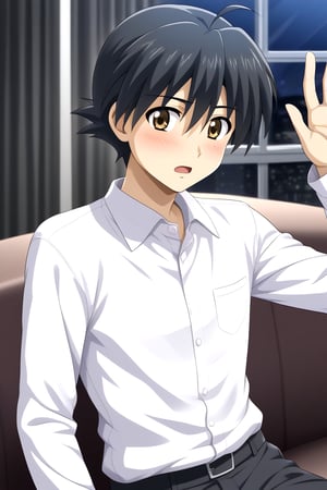 HD, 8k, highres, mantialiasing, Highly detailed, High Quality, masterpiece, beautiful, source_anime, 
BREAK 1boy, solo, young man, 16 years old, itou makoto, black hair, Brown eyes, short hair, :o, surprise face, Open mouth, blushing,
BREAK white shirt, pants, black pants,
BREAK inside living room, window, glass, couch, night, dark environment, 
BREAK front view, standing, Upper body, solo focus, looking at the viewer,