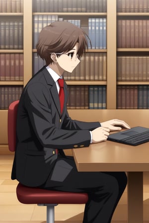 HD, 8k, highres, mantialiasing, Highly detailed, High Quality, masterpiece, beautiful, source_anime, 
BREAK 1boy, solo, male focus, 16 years old, yuuki ashikaga, brown hair, brown eyes, short hair, glasses,
BREAK inside a library, books, bookshelves, computer screen,
BREAK school uniform, shirt, pants, black jacket, red tie
BREAK side view, sitting at the table, working on a laptop,  from_side, full_body, 