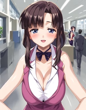 score 9, score 8 up, score 7 up, rating questionable, Office background, youko, large breasts, looking at viewer, happy, blush, half-closed eyes, suit, sleeveless, 