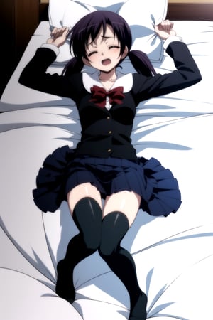 Highly detailed, High Quality, Masterpiece, beautiful,
BREAK 1girl, solo, (young woman), (16 old), roka kitsuregawa, short hair, (closed eyes:1.5), twintails, purple hair, 
BREAK skirt, thighhighs, school uniform, shoes, black thighhighs, zettai ryouiki, bow, red bow, pleated_skirt, Black_jacket, white shirt with long sleeves,
BREAK (bed),
BREAK looking_at_viewer, (lying in bed), (focus waist), 