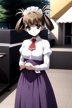 Highly detailed, High Quality, masterpiece, beautiful, 1girl, solo, (feminine focus, young woman, 16 years old), hikari kuroda, bangs, brown hair, hair ornament, twintails, green eyes, hair bobbles, hair rings, medium breasts, Uniform Sweet Ohara, white shirt, long sleeves, puffy sleeves, red ascot, long skirt, purple skirt, wrist_cuff, maid headdress, looking_at_viewer, Focus breasts, full_body,