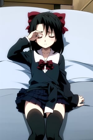 Highly detailed, High Quality, Masterpiece, beautiful,
BREAK 1girl, solo, (young woman), (16 old), setsuna kiyoura, black hair, (closed eyes:1.5), hair bow, red bow, short hair,
BREAK skirt, thighhighs, school uniform, shoes, black thighhighs, zettai ryouiki, bow, red bow, black long sleeve vest,
BREAK indoors, classroom,
BREAK looking_at_viewer, (lying, focus waist:1.5),