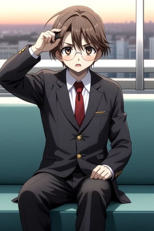 HD, 8k, highres, mantialiasing, Highly detailed, High Quality, masterpiece, beautiful, 
BREAK 1boy, solo, male focus, yuuki ashikaga, brown hair, Brown eyes, ((short hair)), Open mouth, 
BREAK school uniform, shirt, pants, black jacket, red tie, black pants, long pants, glasses,
BREAK interior of a subway, sunset, glass, 
BREAK solo focus, front view, focus face, sitting, looking at the viewer, serious face, blushing, constricted pupils, boy adjusting his own glasses,