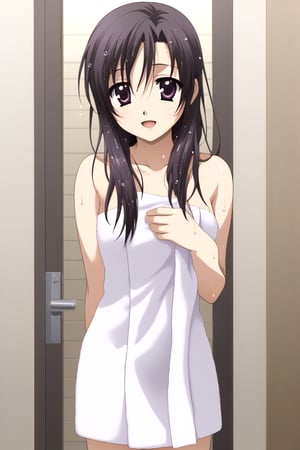 HD, 8k, highres, mantialiasing, Highly detailed, High Quality, masterpiece, beautiful, source_anime, 
BREAK inside a bathroom, glass, day, 
BREAK 1girl, solo, young woman, 16 years old, kotonoha katsura, purple eyes, black hair, long hair, ((towel, girl covered by towel)), (wet hair, wet body:1.5),
BREAK looking at the viewer, on back, From behind, standing, Open mouth, happy, holding_cellphone,