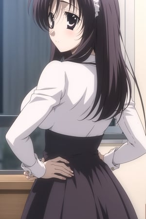  Highly detailed, High Quality, masterpiece, beautiful,
BREAK 1girl, solo, (young woman), (16 old), kotonoha katsura, (black eyes:1.4), black hair, long hair, bangs, breasts, large breasts,
BREAK Uniform Sweet Ohara, skirt, long sleeves, dress, standing, puffy sleeves, red ascot, hands on hips, long skirt, (purple skirt:1.2), white dress, wrist_cuff, maid headdress, waist-length skirt,
BREAK looking_back, upper_body,  ((Focus ass)), from_behind, side view,
 