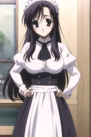  Highly detailed, High Quality, masterpiece, beautiful,
BREAK 1girl, solo, (young woman), (16 old), kotonoha katsura, (black eyes:1.4), black hair, long hair, bangs, breasts, large breasts,
BREAK Uniform Sweet Ohara, skirt, long sleeves, dress, standing, puffy sleeves, red ascot, hands on hips, long skirt, (purple skirt:1.2), white dress, wrist_cuff, maid headdress, waist-length skirt,
BREAK looking_at_viewer, upper_body, sitting, Focus breasts,
 