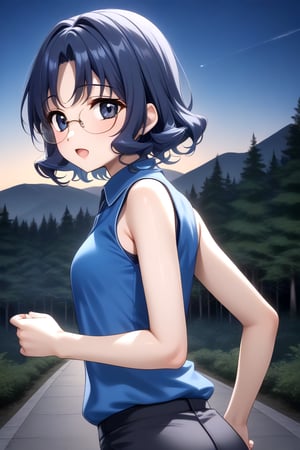 Highly detailed, High Quality, masterpiece, beautiful, 1girl, solo, (feminine focus, young woman, 16 years old), ai yamagata, short hair, blue hair, glasses, black eyes, (small breasts), Open mouth, sleeveless, ((sky blue shirt:1.5)), pants, forest, night, outdoors, from_behind, looking_at_viewer, 