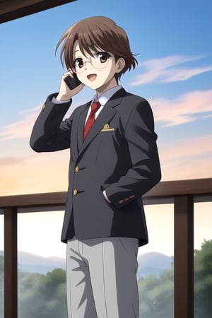 HD, 8k, highres, mantialiasing, Highly detailed, High Quality, masterpiece, beautiful, source_anime, 
BREAK 1boy, solo, male focus, 16 years old, yuuki ashikaga, brown hair, brown eyes, short hair, glasses, Open mouth, (happy look),
BREAK Windows, outside, sunset sky,
BREAK school uniform, shirt, pants, black jacket, red tie
BREAK looking_at_viewer, side view, talking on phone , (boy standing in front of window),