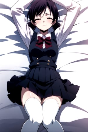 Highly detailed, High Quality, Masterpiece, beautiful,
BREAK 1girl, solo, (young woman), (16 old), roka kitsuregawa, short hair, (closed eyes:1.5), twintails, purple hair, 
BREAK skirt, thighhighs, school uniform, shoes, black thighhighs, zettai ryouiki, bow, red bow, sleeveless vest, white shirt with long sleeves,
BREAK (bed),
BREAK looking_at_viewer, (lying in bed), (focus waist), 