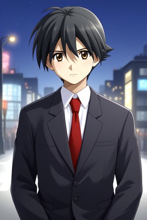 HD, 8k, highres, mantialiasing, Highly detailed, High Quality, masterpiece, beautiful, source_anime, 
BREAK 1boy, solo, young man, 16 years old, itou makoto, black hair, Brown eyes, short hair, :o, nervious face,
BREAK school uniform, shirt, pants, black jacket, red tie, black pants, 
BREAK ((outside on the street in a night city:1.5)) ,
BREAK Front view, standing, Upper body, head down, hands together asking for forgiveness,