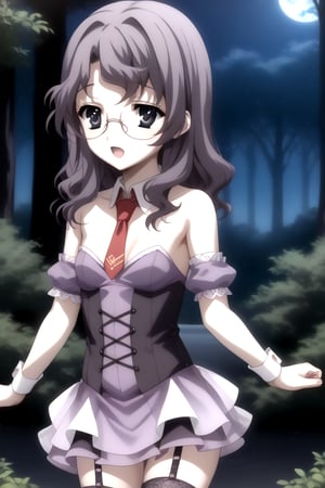 Highly detailed, High Quality, masterpiece, beautiful, 1girl, solo, (feminine focus, young woman, 16 years old), ai yamagata, long hair, blue hair, glasses, black eyes, (small breasts), Open mouth, (Uniform Radish, bare shoulders, necktie, red necktie, detached collar, corset, detached sleeve, thighhighs, dress, purple dress, (miniskirt, transparent skirt), wrist_cuff, forest, night, outdoors, focus ass, from_behind, looking_back, 