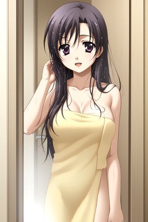 HD, 8k, highres, mantialiasing, Highly detailed, High Quality, masterpiece, beautiful, source_anime, 
BREAK inside a bathroom, door, glass, day, 
BREAK 1girl, solo, young woman, 16 years old, kotonoha katsura, purple eyes, black hair, long hair, ((towel, girl covered by towel)), (wet hair, wet body:1.5),
BREAK looking at the viewer, on back, From behind, standing, Open mouth, happy,