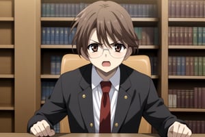 HD, 8k, highres, mantialiasing, Highly detailed, High Quality, masterpiece, beautiful, source_anime, 
BREAK 1boy, solo, male focus, 16 years old, yuuki ashikaga, brown hair, brown eyes, short hair, glasses, Open mouth, (angry look),
BREAK inside a library, books, bookshelves, computer screen,
BREAK school uniform, shirt, pants, black jacket, red tie
BREAK looking_at_viewer, front view, sitting at the chair, boy sitting on a chair in front of a computer, hands hitting the table