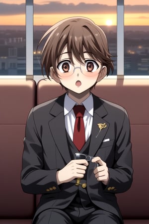 HD, 8k, highres, mantialiasing, Highly detailed, High Quality, masterpiece, beautiful, 
BREAK 1boy, solo, male focus, yuuki ashikaga, brown hair, Brown eyes, ((short hair)), Open mouth, 
BREAK school uniform, shirt, pants, black jacket, red tie, black pants, long pants, glasses,
BREAK interior of a subway, sunset, glass, 
BREAK solo focus, front view, focus face, sitting, looking at the viewer, surprised face, blushing, constricted pupils, boy adjusting his own glasses,