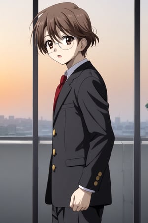 HD, 8k, highres, mantialiasing, Highly detailed, High Quality, masterpiece, beautiful, source_anime, 
BREAK 1boy, solo, male focus, 16 years old, yuuki ashikaga, brown hair, brown eyes, short hair, glasses, Open mouth, (confused look),question_sign,
BREAK Windows, outside, sunset sky,
BREAK school uniform, shirt, pants, black jacket, red tie
BREAK looking_at_viewer, side view, (boy standing in front of window),