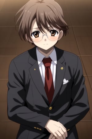 HD, 8k, highres, mantialiasing, Highly detailed, High Quality, masterpiece, beautiful, source_anime, 
BREAK 1boy, solo, male focus, 16 years old, yuuki ashikaga, brown hair, brown eyes, short hair, glasses, 
BREAK mosaic floor, 
BREAK school uniform, shirt, pants, black jacket, red tie
BREAK ((lying on the floor)), blush, ((suprised look)), :0,