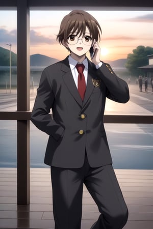 HD, 8k, highres, mantialiasing, Highly detailed, High Quality, masterpiece, beautiful, source_anime, 
BREAK 1boy, solo, male focus, 16 years old, yuuki ashikaga, brown hair, brown eyes, short hair, glasses, Open mouth, (happy look),
BREAK Windows, outside, sunset sky,
BREAK school uniform, shirt, pants, black jacket, red tie
BREAK looking_at_viewer, back view, talking on phone , (boy standing in back of window),