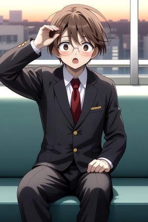 HD, 8k, highres, mantialiasing, Highly detailed, High Quality, masterpiece, beautiful, 
BREAK 1boy, solo, male focus, yuuki ashikaga, brown hair, Brown eyes, ((short hair)), Open mouth, 
BREAK school uniform, shirt, pants, black jacket, red tie, black pants, long pants, glasses,
BREAK interior of a subway, sunset, glass, 
BREAK solo focus, front view, focus face, sitting, looking at the viewer, surprised face, blushing, constricted pupils, boy adjusting his own glasses,